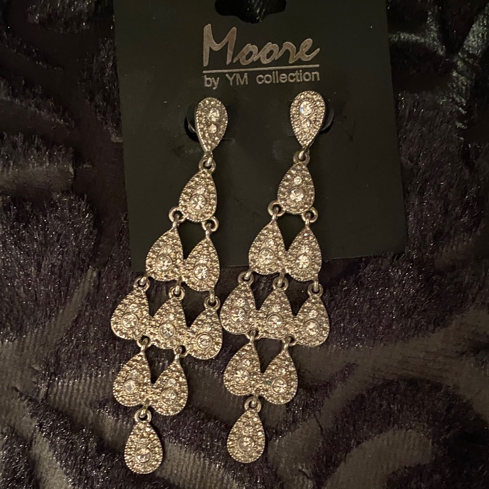 Mcoore by YM Collection Silver Crystal Teardrop Chandelier Earrings